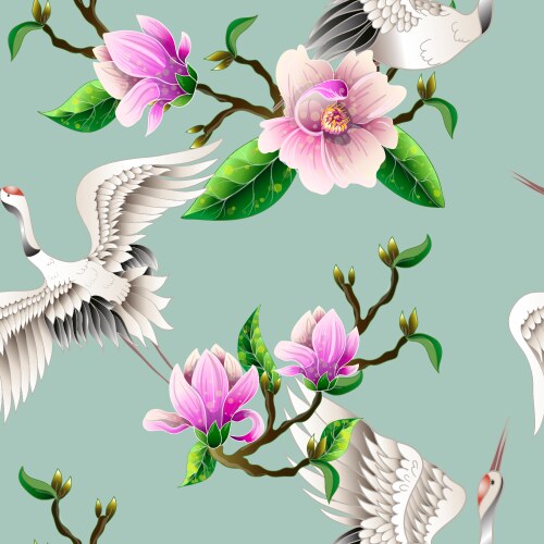 Magnolia Crane Seamless Pattern Vector Image