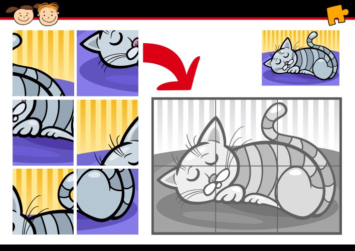 Cartoon sleeping cat jigsaw game vector image