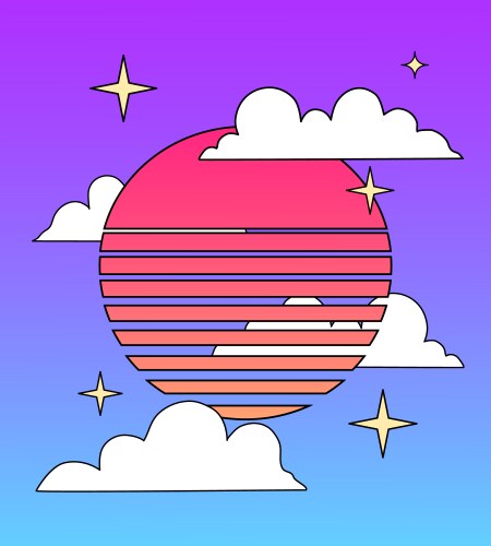 retro sun clouds stars in 80s style retrowave vector image