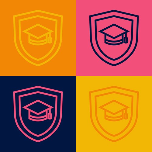 Pop art line graduation cap with shield icon Vector Image