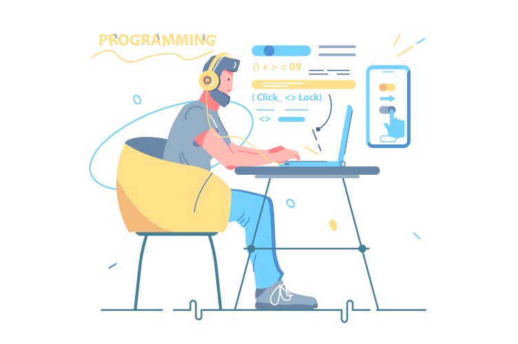 man developer coding and chatting laptop vector image