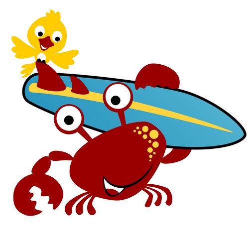 Cartoon crabs carrying surfboard with a bird Vector Image