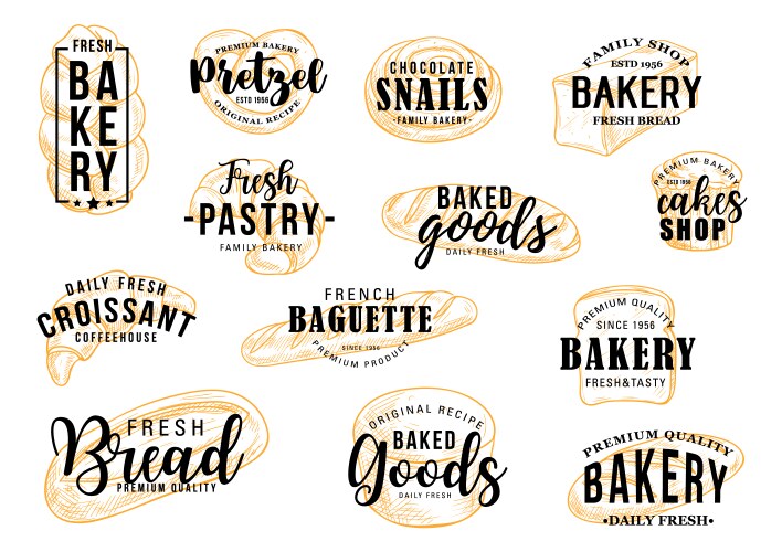 Bakery shop bread and patisserie pastry lettering vector image