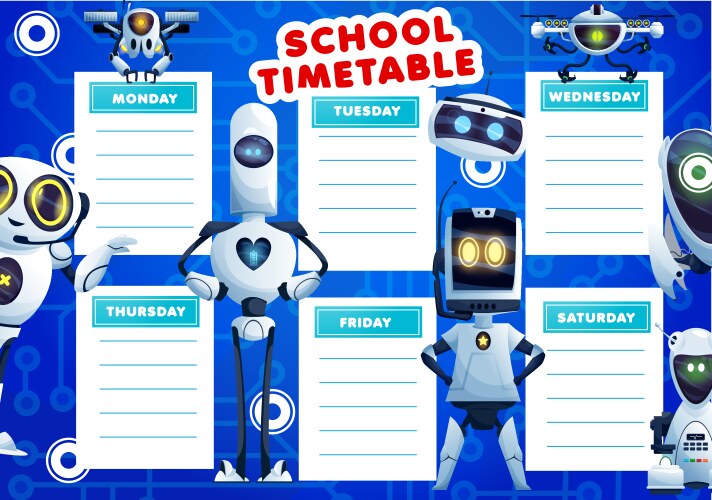 kids timetable schedule with cartoon robots vector image