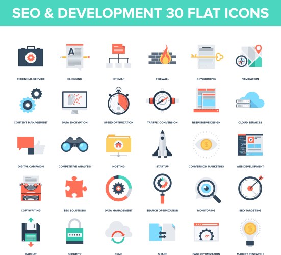 Seo and development flat icon set business signs Vector Image