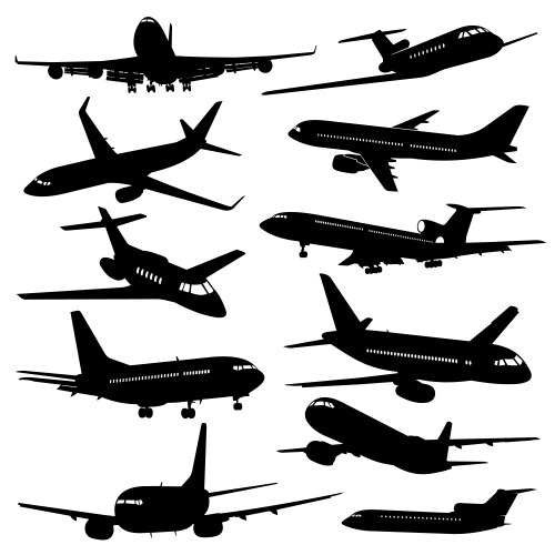 Flight Airplane Icons - Black Silhouettes Vector Image