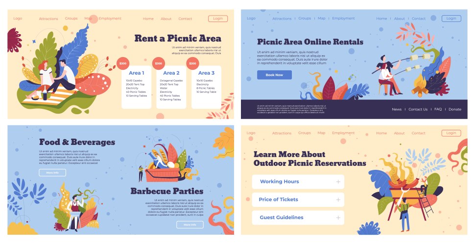 picnic area rent promo at template web page set vector