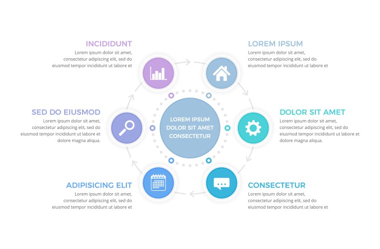 Six vertical light circle steps timeline process Vector Image