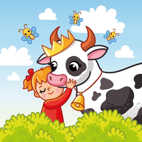 girl hugs a cute cow in the summer vector image vector image