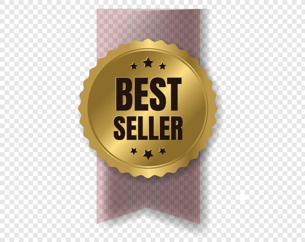 Gold bestseller badge with ribbon and transparent vector image