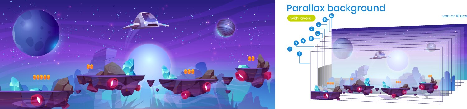 Mobile space game arcade with spaceship parallax vector image