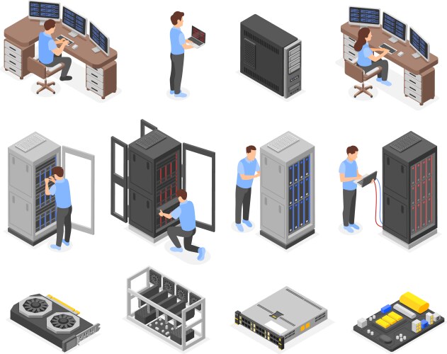 isometric engineers characters data center vector image vector image