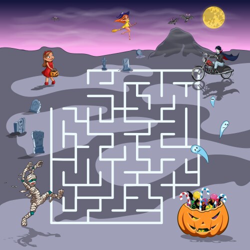 halloween children game cartoon puzzle with maze vector image