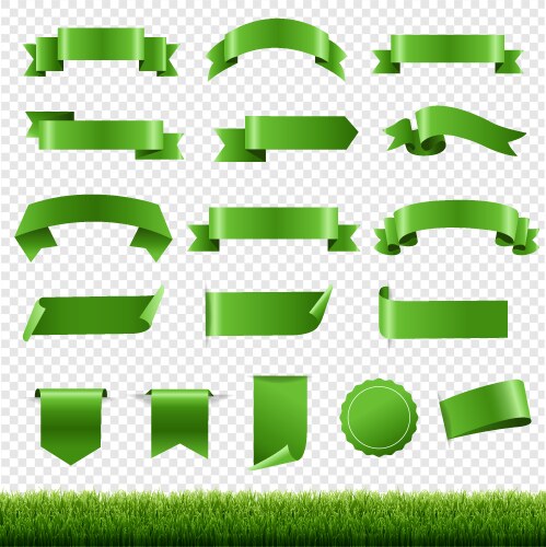 Green labels and ribbon set with grass vector image