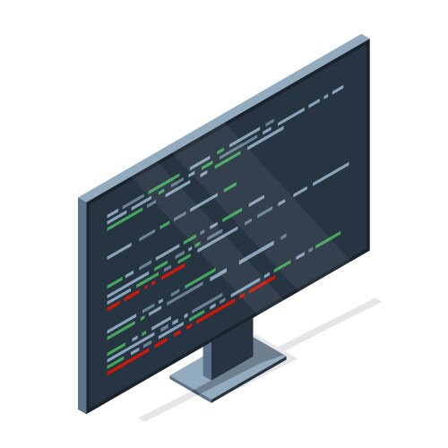 Isometric monitor with program code on screen vector image