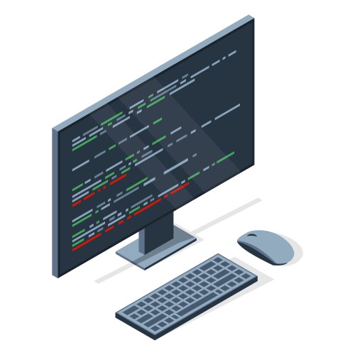 Isometric monitor with program code on screen vector image