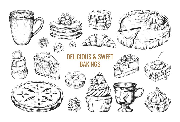 Hand drawn cake bakery dessert sketch handmade Vector Image