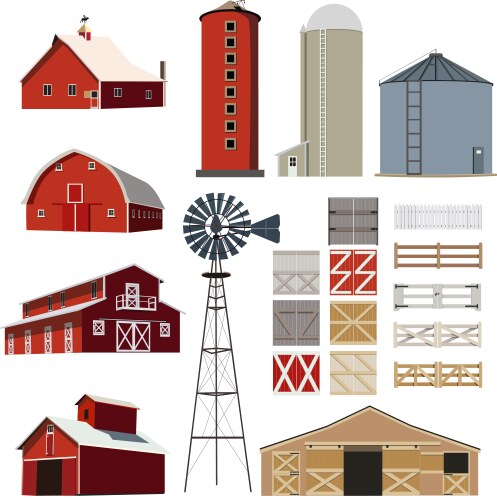 Set of farm animals and barns Royalty Free Vector Image