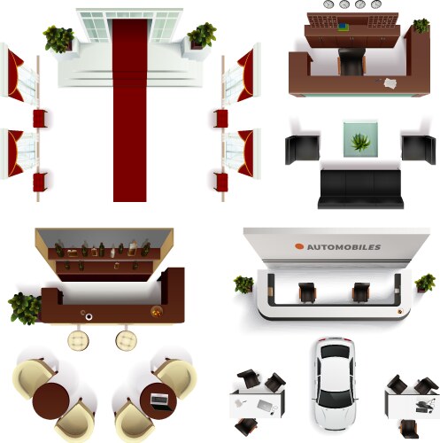 Office interior elements top view set Royalty Free Vector