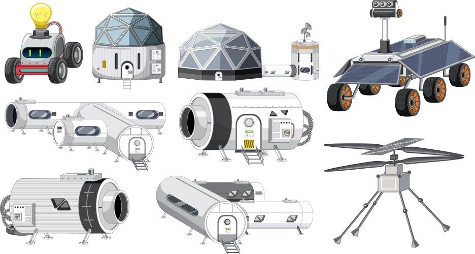 set of spaceship and satellite objects vector image