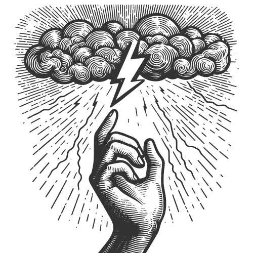 Hand reaching for lightning bolt from cloud Vector Image