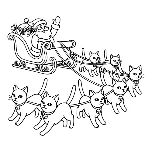Santa's Cat Sleigh Coloring Page Vector Image