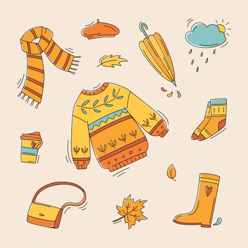 Autumn color doodles hand drawn set vector image