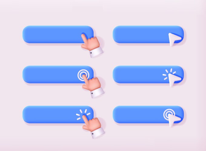 Set of 3d buttons with hand pointer clicking vector image