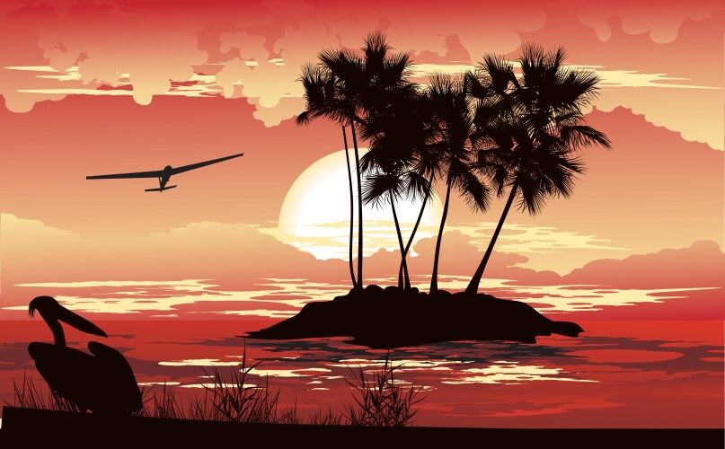 Tropical beautiful sunset landscape palms sea Vector Image