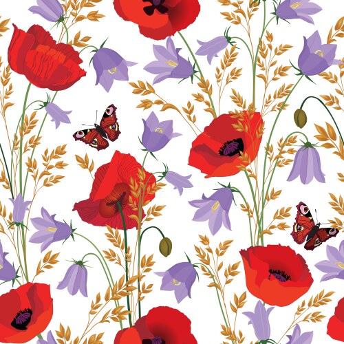 Floral Meadow Pattern - Bluebells & Poppies Vector Image