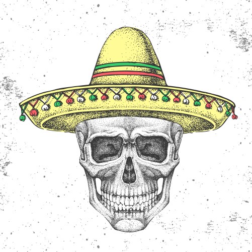 Skull with Sombrero - Grunge Style Vector Image