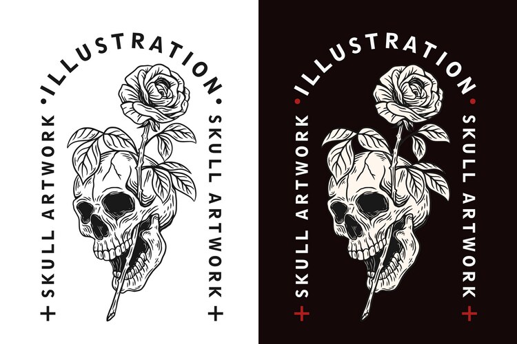 Set rose dark skull bones head hand drawn Vector Image