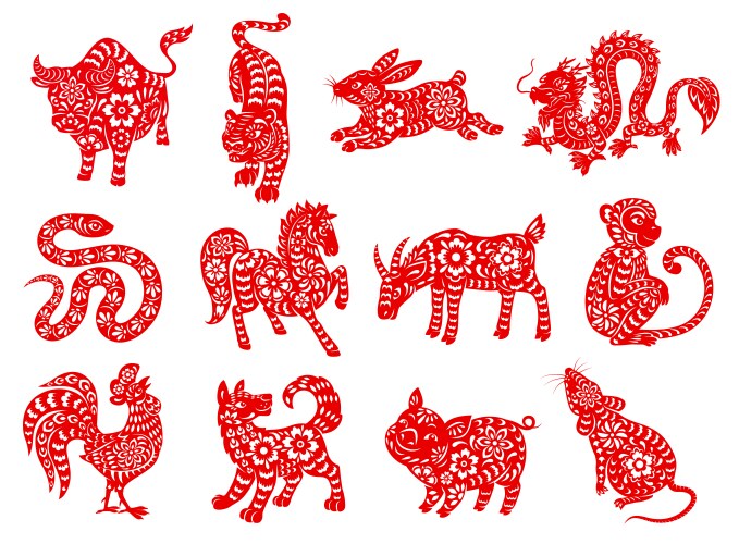 chinese zodiac horoscope red papercut animals vector image