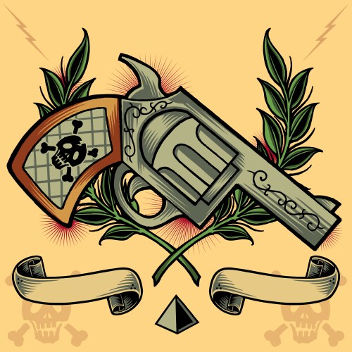 Skull Wreath with Gun & Ribbons Vector Image