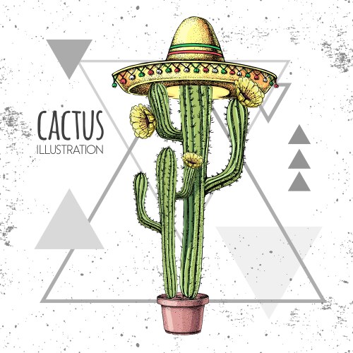 Hand drawing cactus in sombrero hat Vector Image