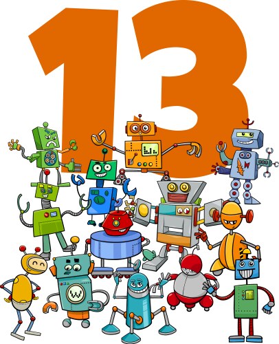 number thirteen and cartoon robots group vector image