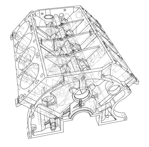 Engine block sketch rendering of 3d vector image