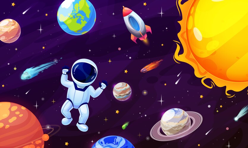 Cartoon astronaut character space planet and star vector image