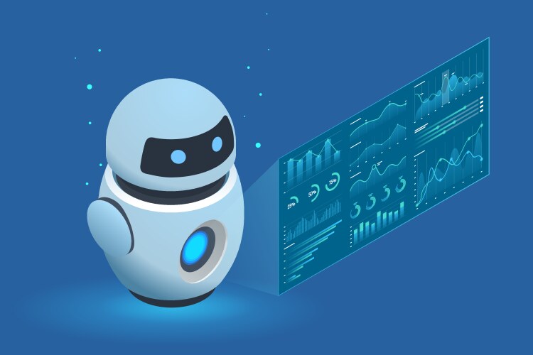 Isometric ai robot assisting a user with data vektorbild