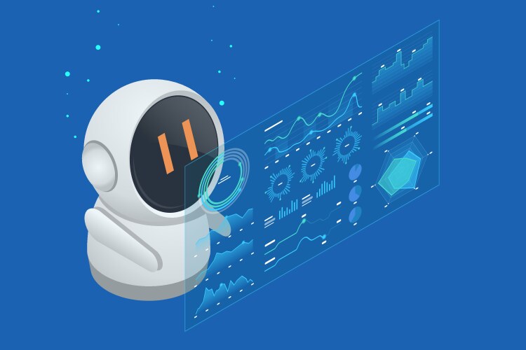 Isometric ai robot assisting a user with data vector image