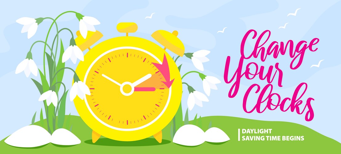 Daylight saving time begins banner spring forward – Royalty-Free Vector ...