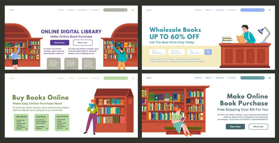 web page design set for online library advertising vector