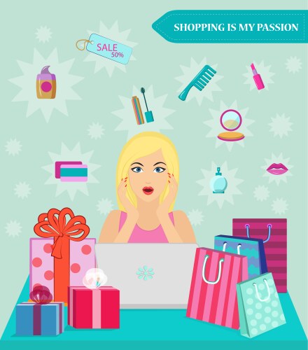 Online shopping girl she shocked by discounts vector image