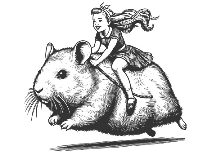 Little girl riding giant hamster engraving vector image