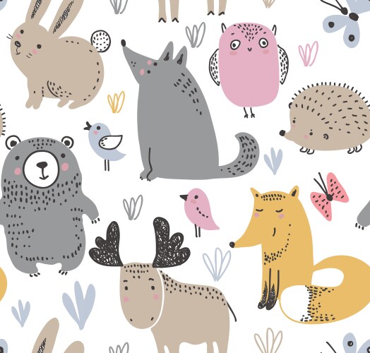 Seamless woodland pattern with cute animal faces Vector Image