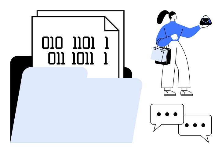 Woman analyzing data files with binary code vector image