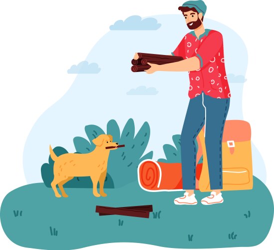 man camping holding firewood for campfire vector image