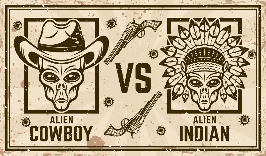 alien cowboy versus indian vector