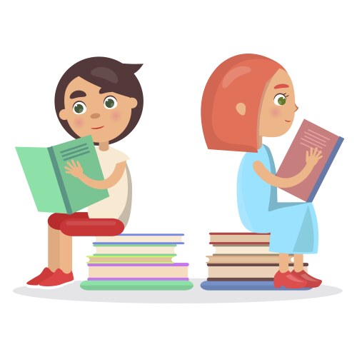 girl and boy with open textbook sit on books vector