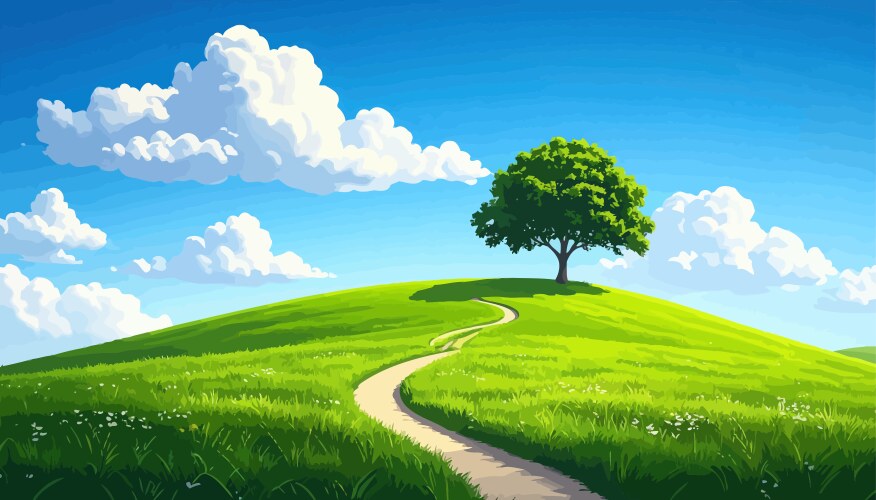 Serene hilltop path winding to solitary tree Vector Image